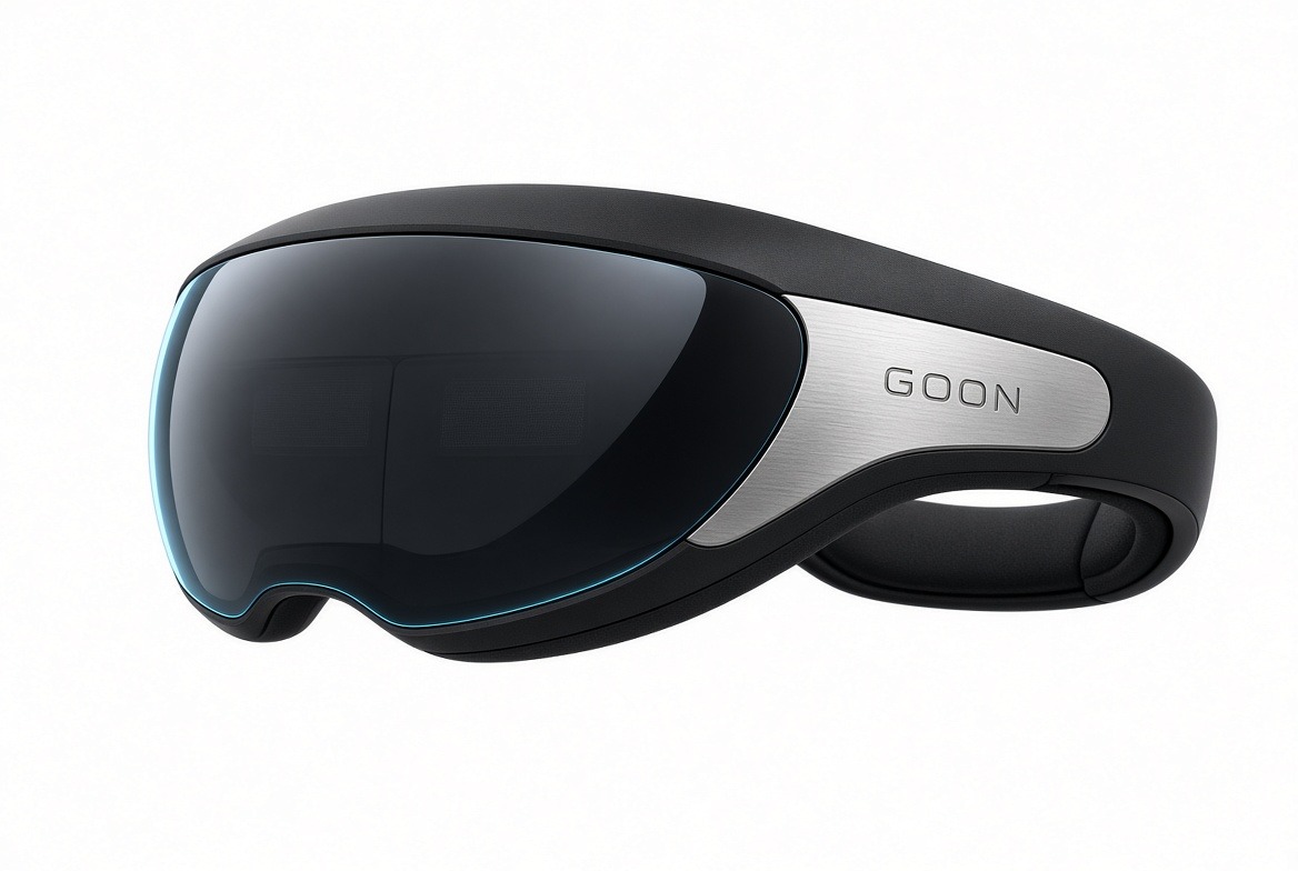 GOON visor in matte black with a silver GOON temple plate and cyan edge light