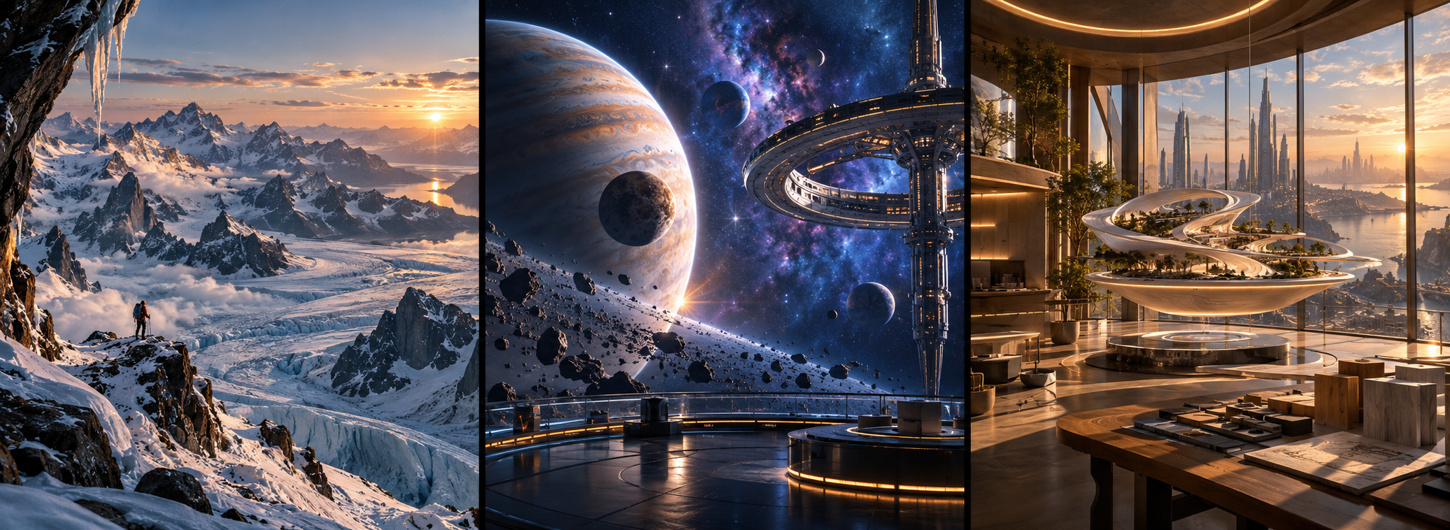 Three fictional virtual reality worlds: glacier expedition, space observatory, and design studio
