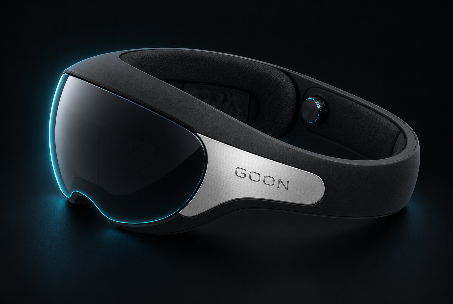 Rear three-quarter view of the GOON visor with a black shell, silver temple, and cyan edge light